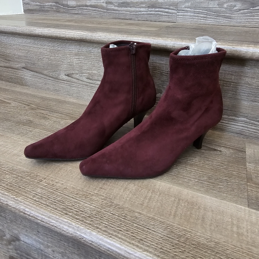 Apostrophe plum suede like booties with 2 1/2 inch heel. size 5.5